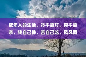 成年人的生活，冷不靠灯，穷不靠亲，钱自己挣，苦自己吃，风风雨雨都是自己扛，酸甜苦辣都是自己尝。