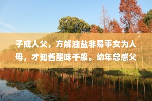 子成人父，方解油盐非易事女为人母，才知酱醋味千般。幼年总感父身宽，双肩可撼千重山，而今转瞬成人父，才知年少见识偏。流光逝，步蹒跚。碎银几两汉子难。也曾心怀青云志，回首只盼老少安。