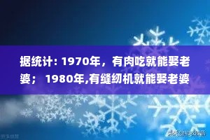 据统计: 1970年，有肉吃就能娶老婆； 1980年,有缝纫机就能娶老婆； 1990年，有彩电就能娶老婆； 2000年，有房就能娶老婆； 2010年,有房有车就能娶老婆； 2020年，有毛病才娶老婆。