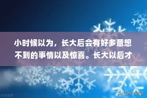 小时候以为，长大后会有好多意想不到的事情以及惊喜。长大以后才明白，生活不仅没有惊喜，还处处让你难过。